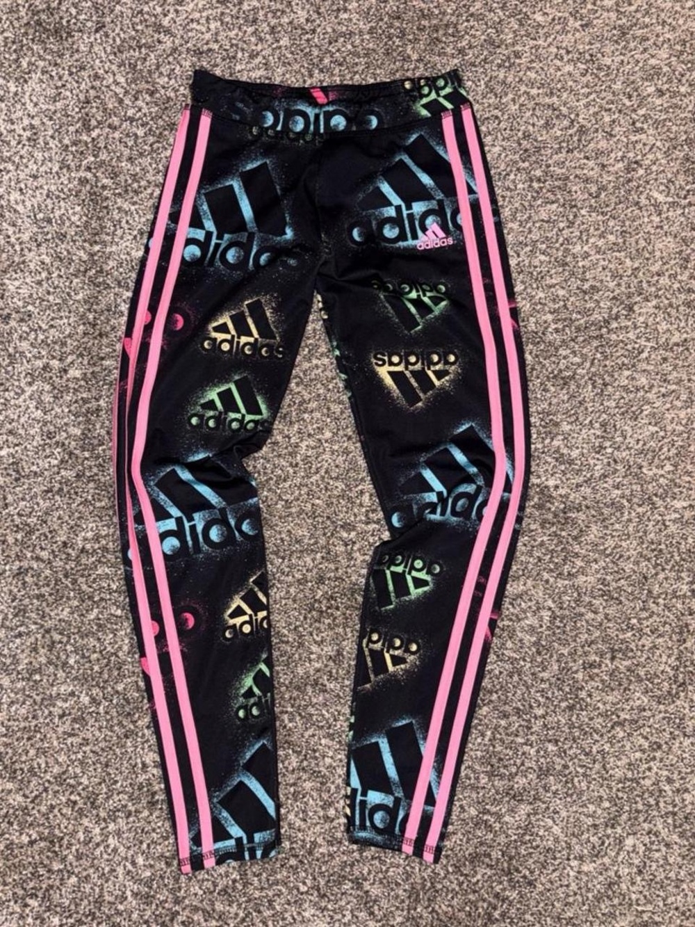 adidas Kids' Black Rainbow Logo Leggings with Pink Stripes